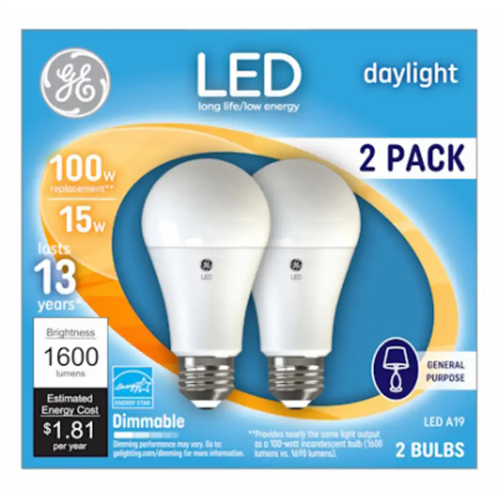 led light bulbs, daylight, dimmable, 1600 lumens, 15 watt, 2-pk.
