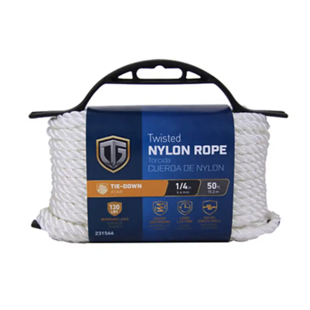 nylon rope, twisted, white, 1/4 in. x 50 ft.