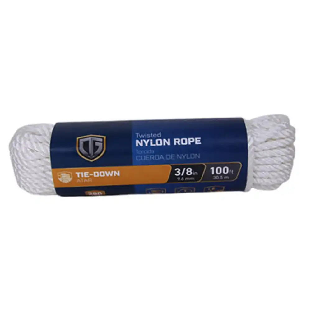 nylon rope, twisted, white, 3/8 in. x 100 ft.