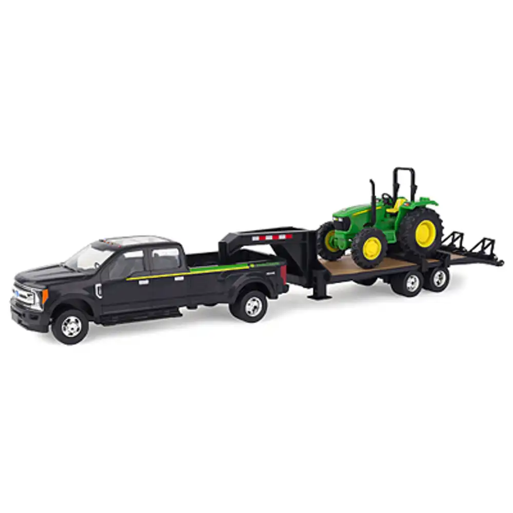 john deere tractor with ford f-350 & gooseneck trailer hauling set, 1:32 scale