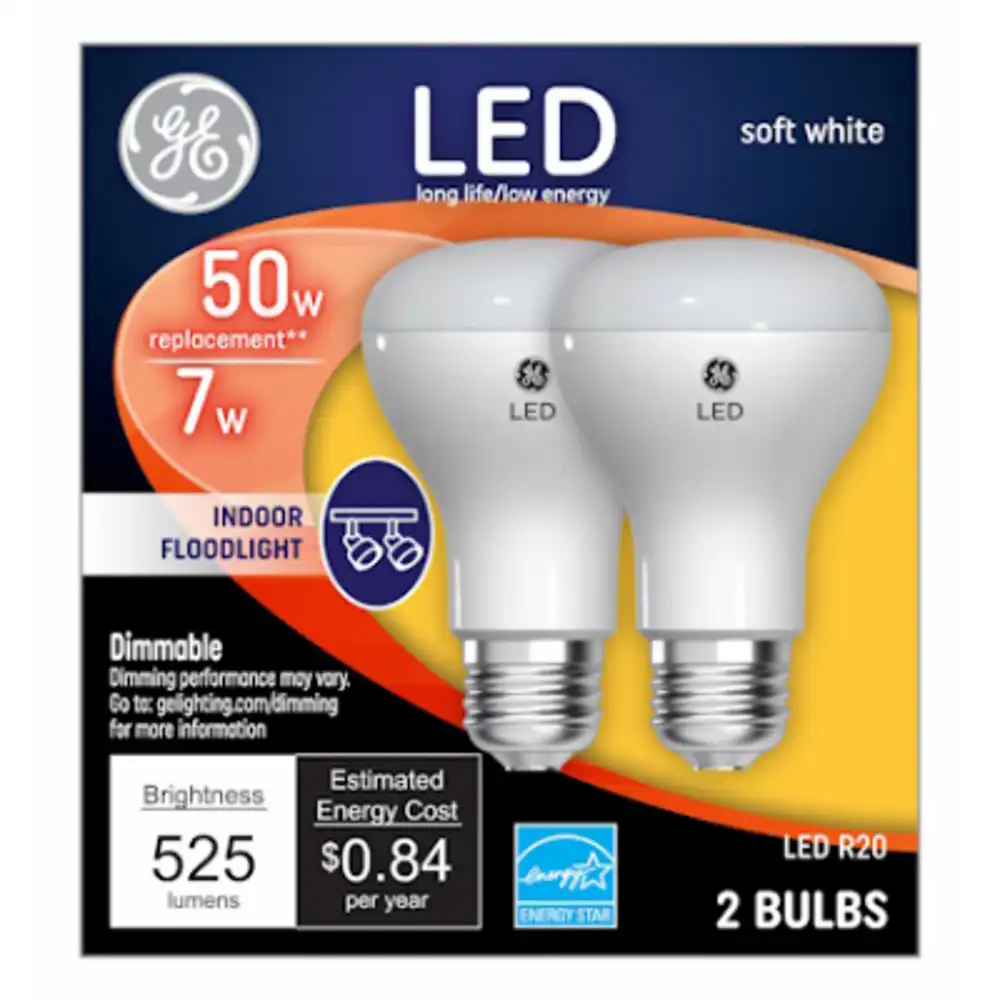 led directional light bulb, r20, soft white, clear bulb, 525 lumens, 7 watt, 2-pk.